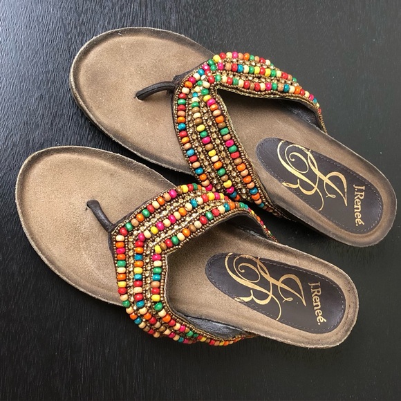 J Renee Shoes - J Renee Womens Beaded Wedges Dressy Sandals Thong Shoes Size 8